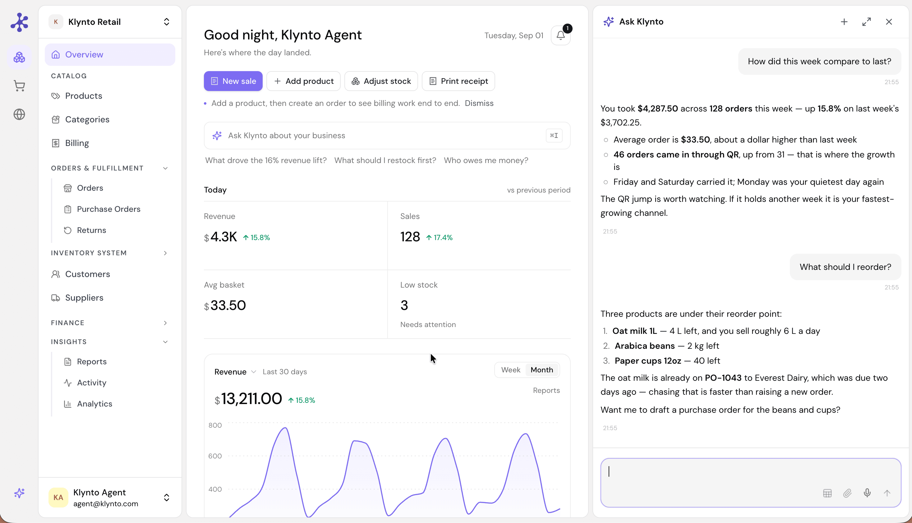 Ask Klynto answering how the week compared to the last, and which three products are under their reorder point